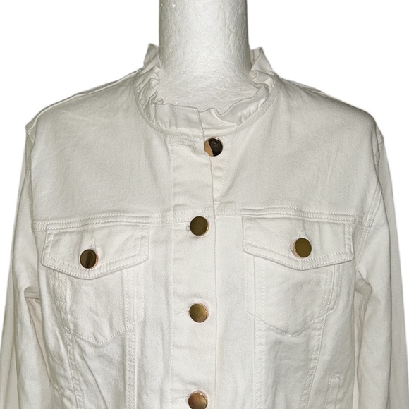 Draper James White Denim Ruffle Trim Cropped Jean Jacket - L - Picture 7 of 15